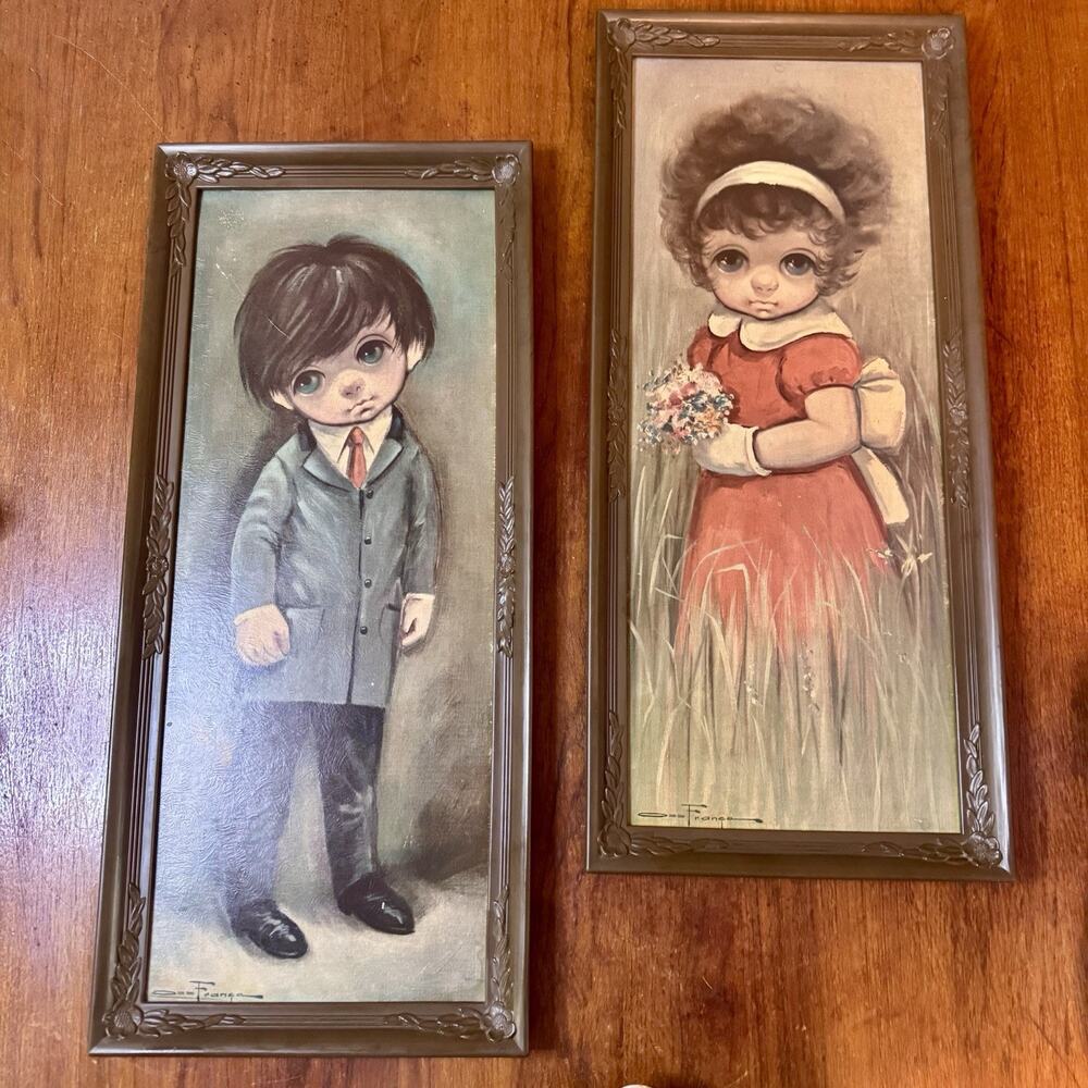 Vintage DeFiance Big Eye Boy & Girl Print Set Original Frames MCM Wall Art